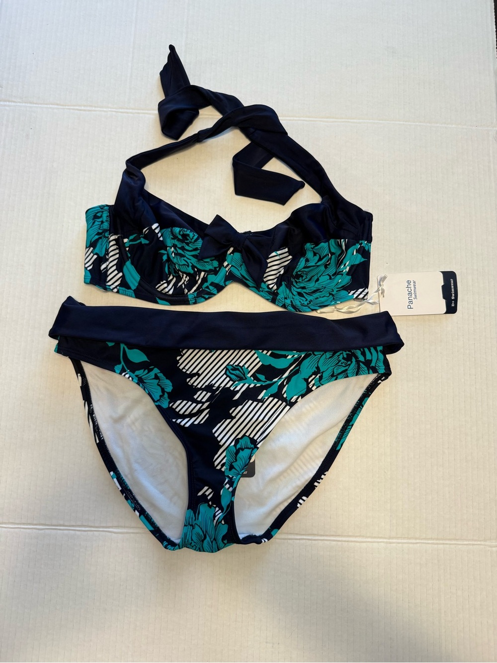 Panache Page Balconette Bikini Set 32DD S Floral Stripe Navy Teal Underwire NWT‎